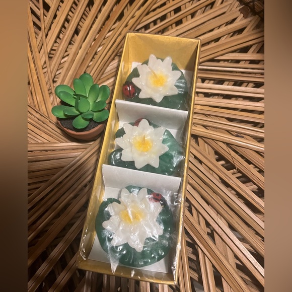 Vintage Water lily pads & Lady Bug Floating Candles New in Box 3 set - Picture 4 of 5